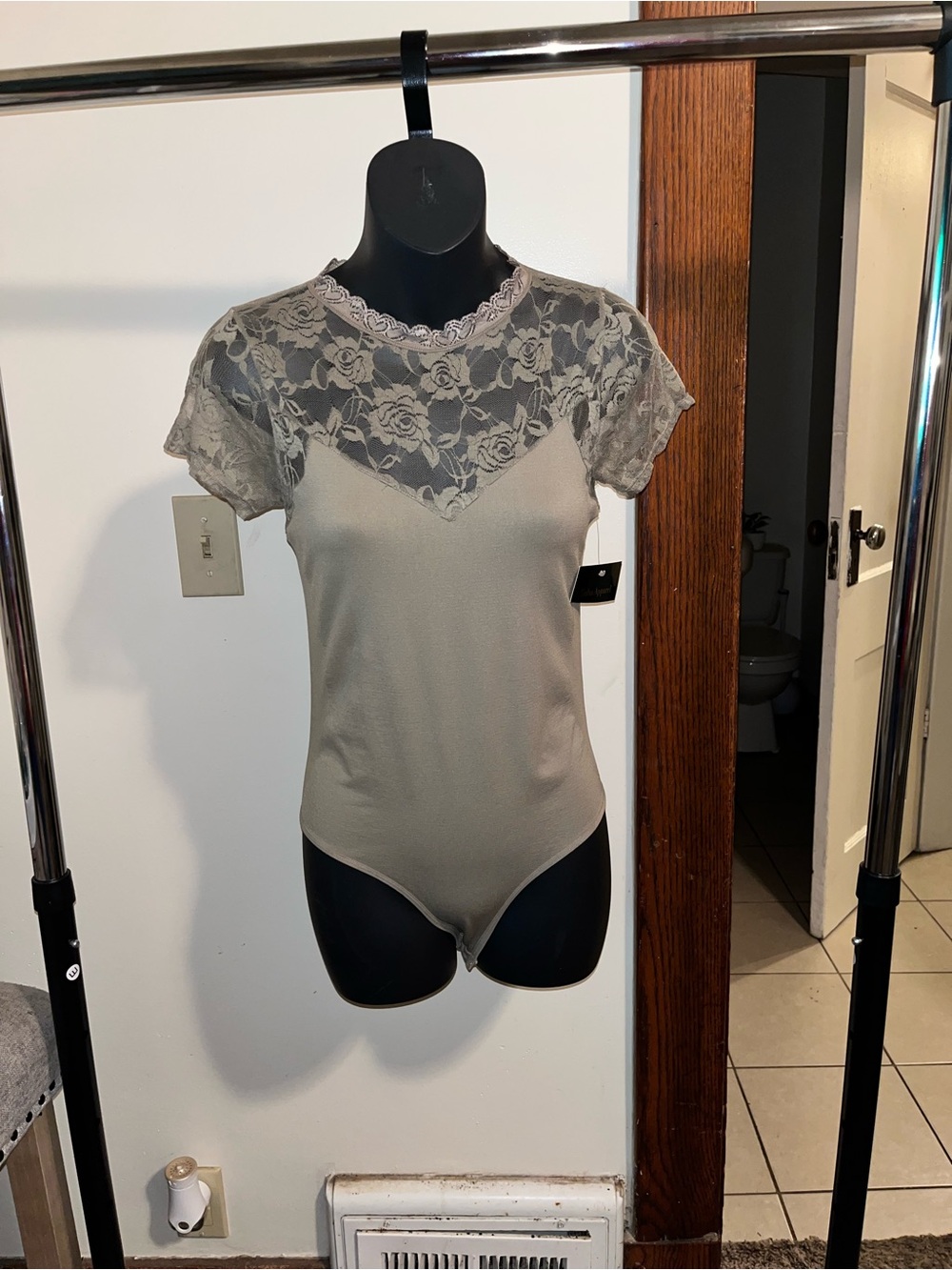 Soho Apparel Taupe Lace Yoke Short Sleeve Bodysuit